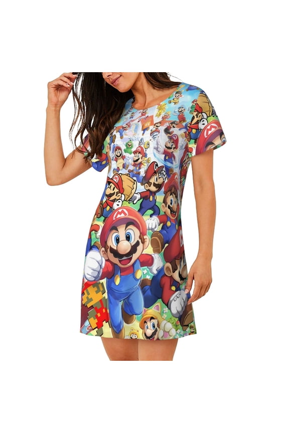 Women's Nightgown Sleepwear,Short Sleeve Pajama Dress,Mario Print Loungewear for Home and Sleep