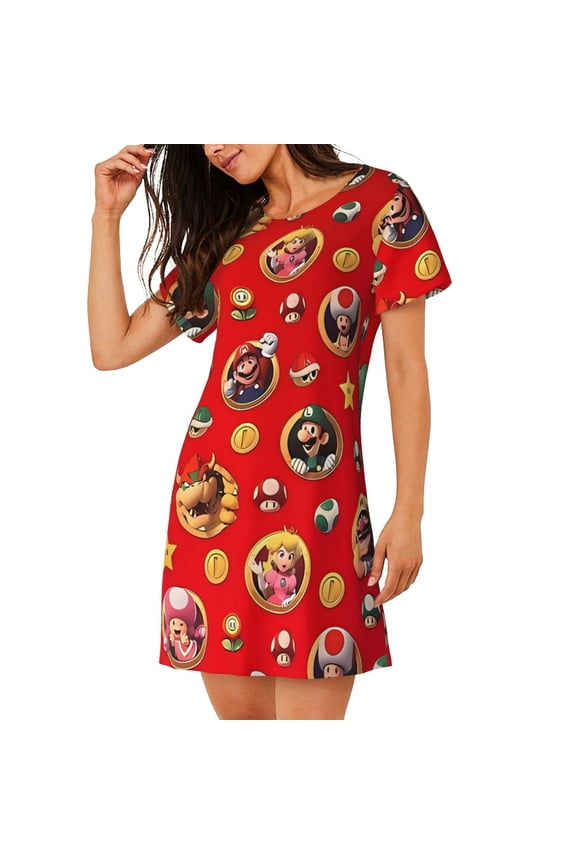 Women's Nightgown Sleepwear,Short Sleeve Pajama Dress,Mario Print Loungewear for Home and Sleep