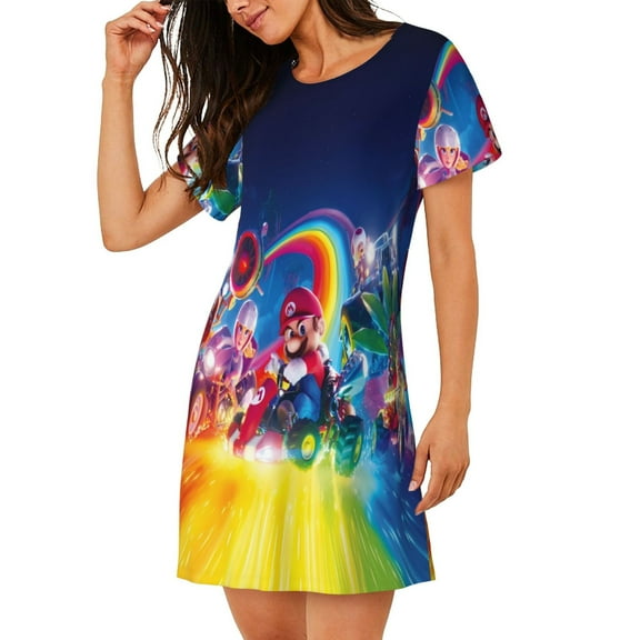 Saiise Women's Nightgown Sleepwear,Short Sleeve Pajama Dress,Mario Print Loungewear for Home and Sleep