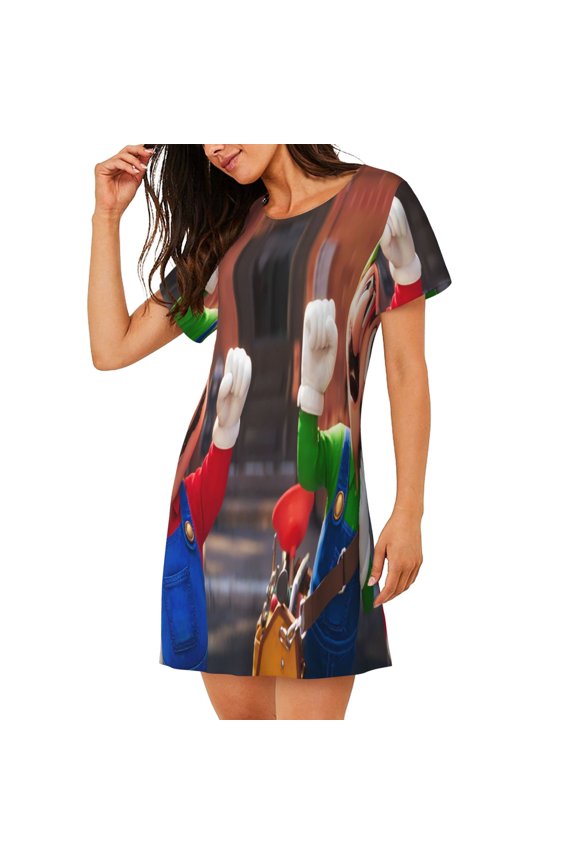 Women's Nightgown Sleepwear,Short Sleeve Pajama Dress,Mario Print Loungewear for Home and Sleep