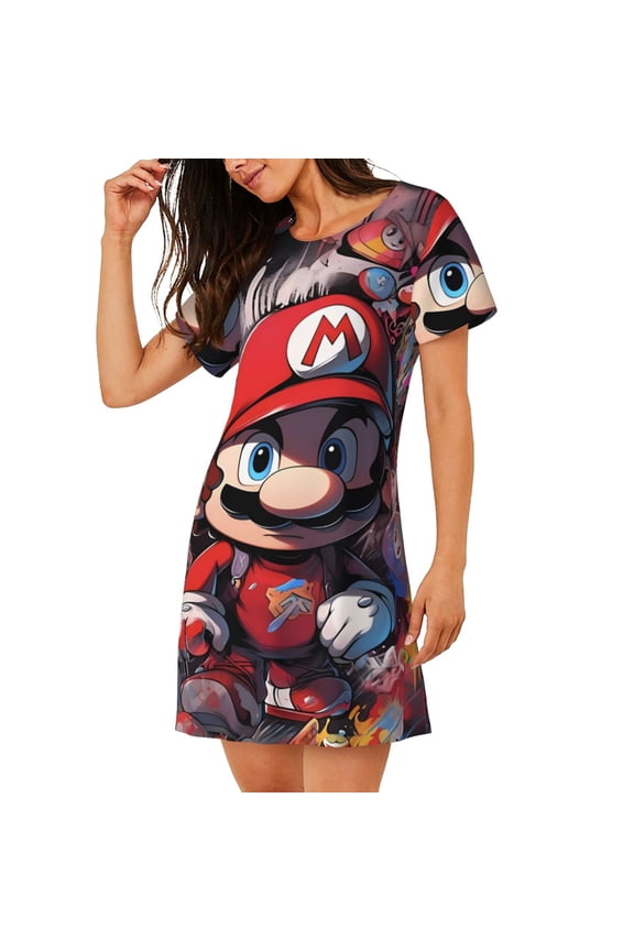 Women's Nightgown Sleepwear,Short Sleeve Pajama Dress,Mario Print Loungewear for Home and Sleep