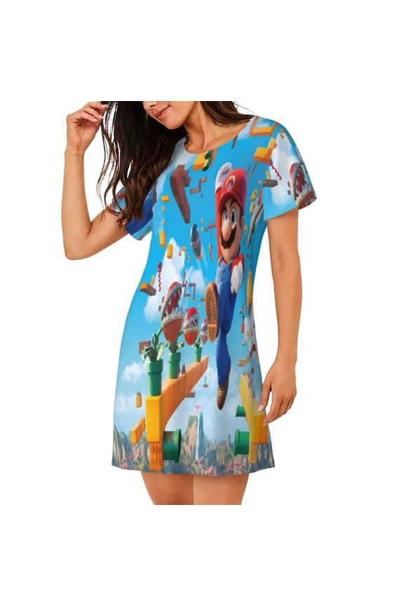 Women's Nightgown Sleepwear,Short Sleeve Pajama Dress,Mario Print Loungewear for Home and Sleep