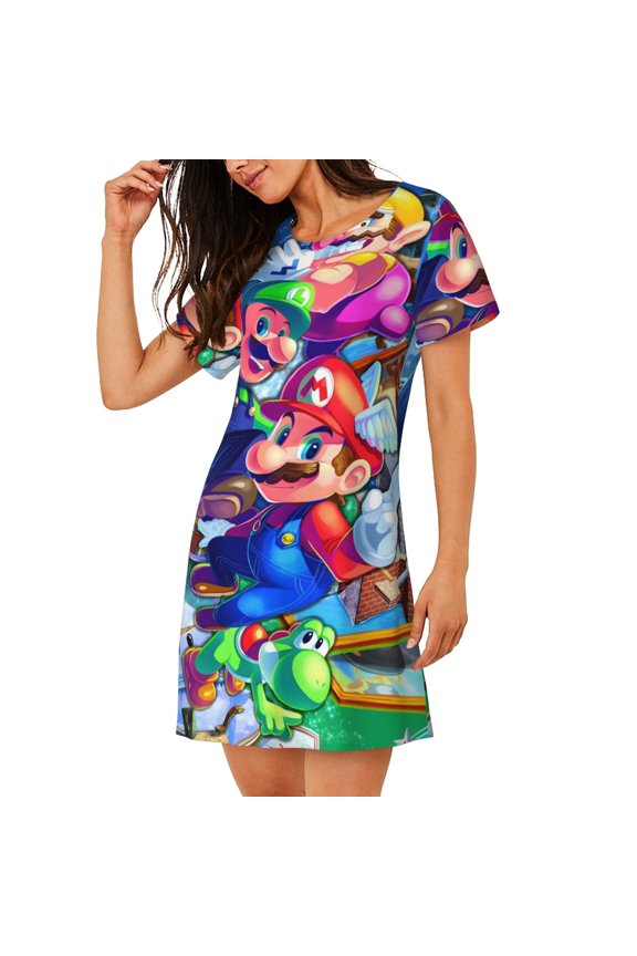 Women's Nightgown Sleepwear,Short Sleeve Pajama Dress,Mario Print Loungewear for Home and Sleep