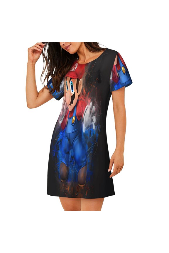 Women's Nightgown Sleepwear,Short Sleeve Pajama Dress,Mario Print Loungewear for Home and Sleep