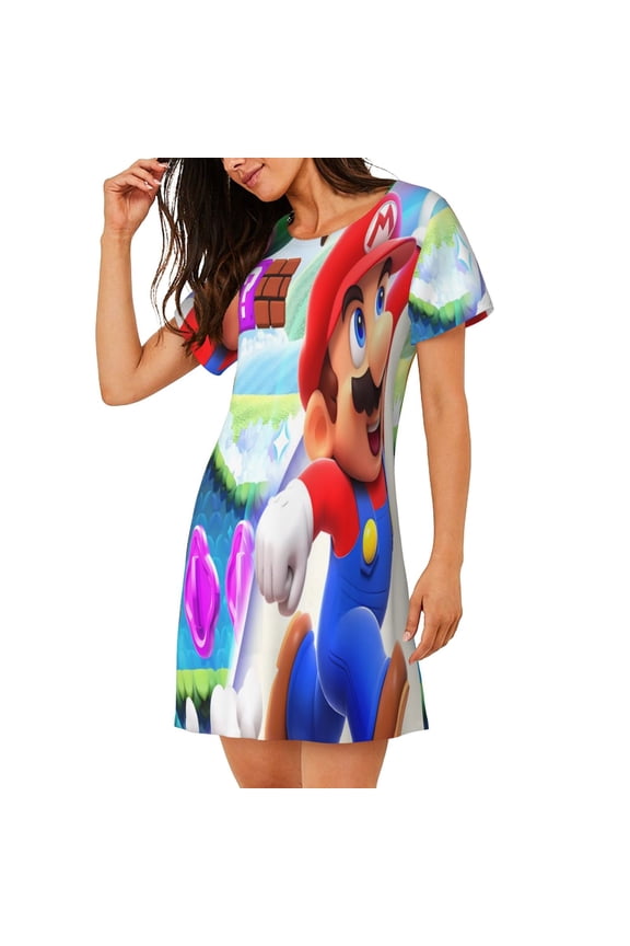 Women's Nightgown Sleepwear,Short Sleeve Pajama Dress,Mario Print Loungewear for Home and Sleep