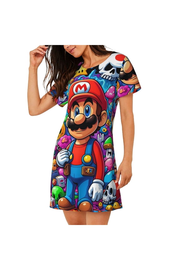 Women's Nightgown Sleepwear,Short Sleeve Pajama Dress,Mario Print Loungewear for Home and Sleep