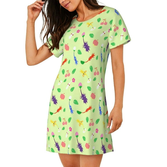 Saiise Women's Nightgown Sleepwear,Short Sleeve Pajama Dress,Pikmin Print Loungewear for Home and Sleep