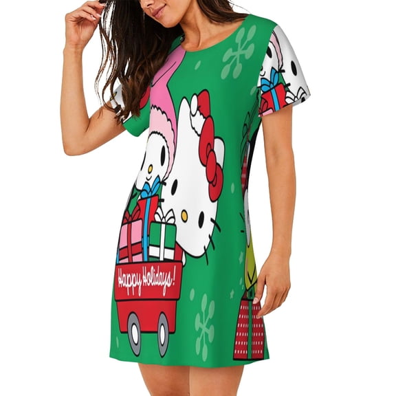 Saiise Women's Nightgown Sleepwear,Short Sleeve Pajama Dress,Sanrio Print Loungewear for Home and Sleep