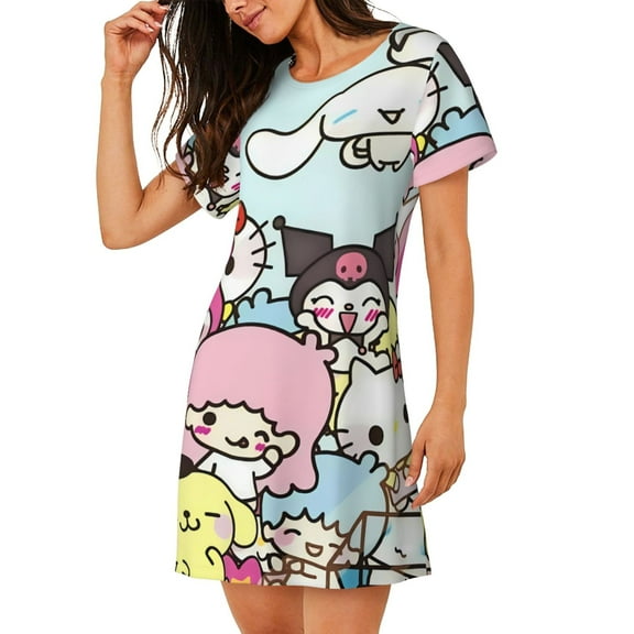 Saiise Women's Nightgown Sleepwear,Short Sleeve Pajama Dress,Sanrio Print Loungewear for Home and Sleep