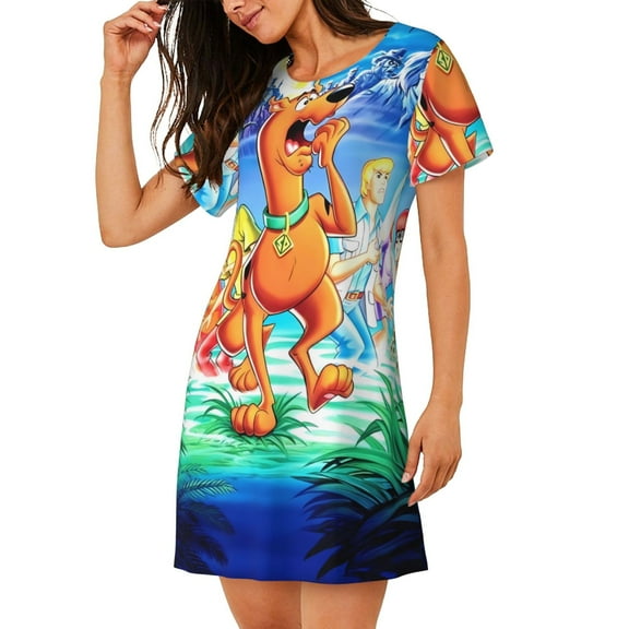 Saiise Women's Nightgown Sleepwear,Short Sleeve Pajama Dress,Scooby-Doo Print Loungewear for Home and Sleep