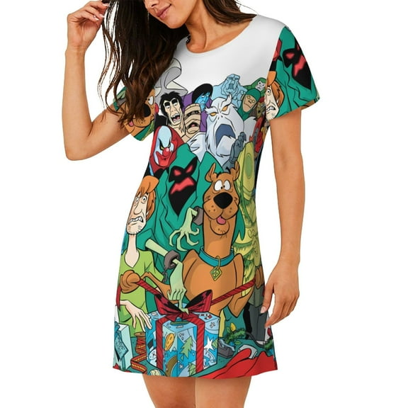 Saiise Women's Nightgown Sleepwear,Short Sleeve Pajama Dress,Scooby-Doo Print Loungewear for Home and Sleep