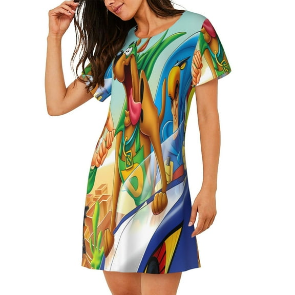 Saiise Women's Nightgown Sleepwear,Short Sleeve Pajama Dress,Scooby-Doo Print Loungewear for Home and Sleep