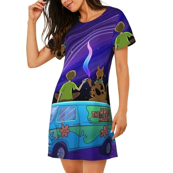 Saiise Women's Nightgown Sleepwear,Short Sleeve Pajama Dress,Scooby-Doo Print Loungewear for Home and Sleep
