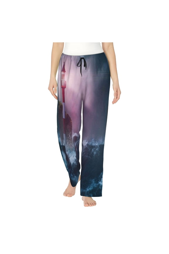lighthouse Waves Torrential Rain Womens Pajama Pants Stretch Comfy Lounge Pants Drawstring Sleep Bottoms with Pockets-X-Large