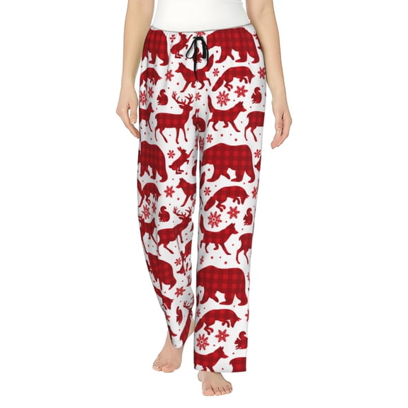 Saiise red plaid Moose Bunny bear Womens Pajama Pants Stretch Comfy Lounge Pants Drawstring Sleep Bottoms with Pockets-X-Large