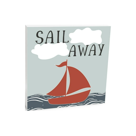 Sail Away Grey Waves Boat 10 x 10 Wood Tabletop Sign Plaque
