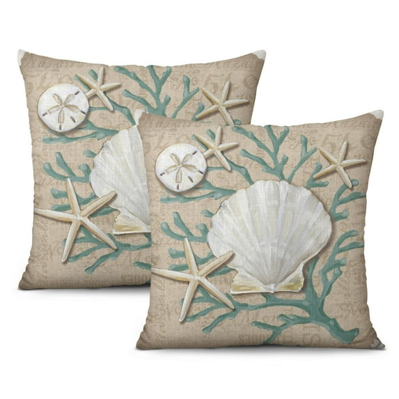 Sail Away with Set of 2 Nautical Coastal 18x18 inch Throw Pillows - Ocean Coral, Seashell, Starfish Designs for Your Home.