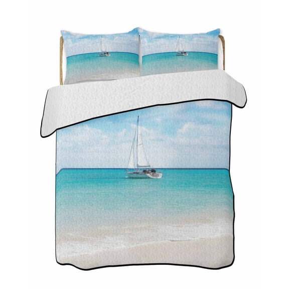 Sail Beach Quilts Bedding Set Twin Size Sea Sky Clouds Summer Lightweight Quilted Bedspread 3 Piece Bed Quilt with 2 Pillow Shams All Season for Bedroom 68" x 86"