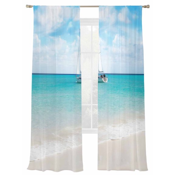 Sail Beach Sheer Curtains 84 Inch Long 2 Panels, Sea Sky Clouds Summer Light Filtering Rod Pocket Curtains, Sheer Voile Drapes for Living Room Bedroom, 52"x84"