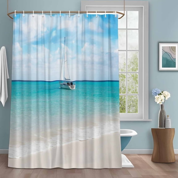 Sail Beach Shower Curtains for Bathroom, Sea Sky Clouds Summer Washable Fabric Shower Curtain with Hooks Waterproof Bathroom Decor Sets, 72 x 72 Inches