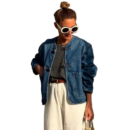 Sail Blue Vintage Denim Jacket for Women – Casual Deep Wash with Big Patched Pockets | L