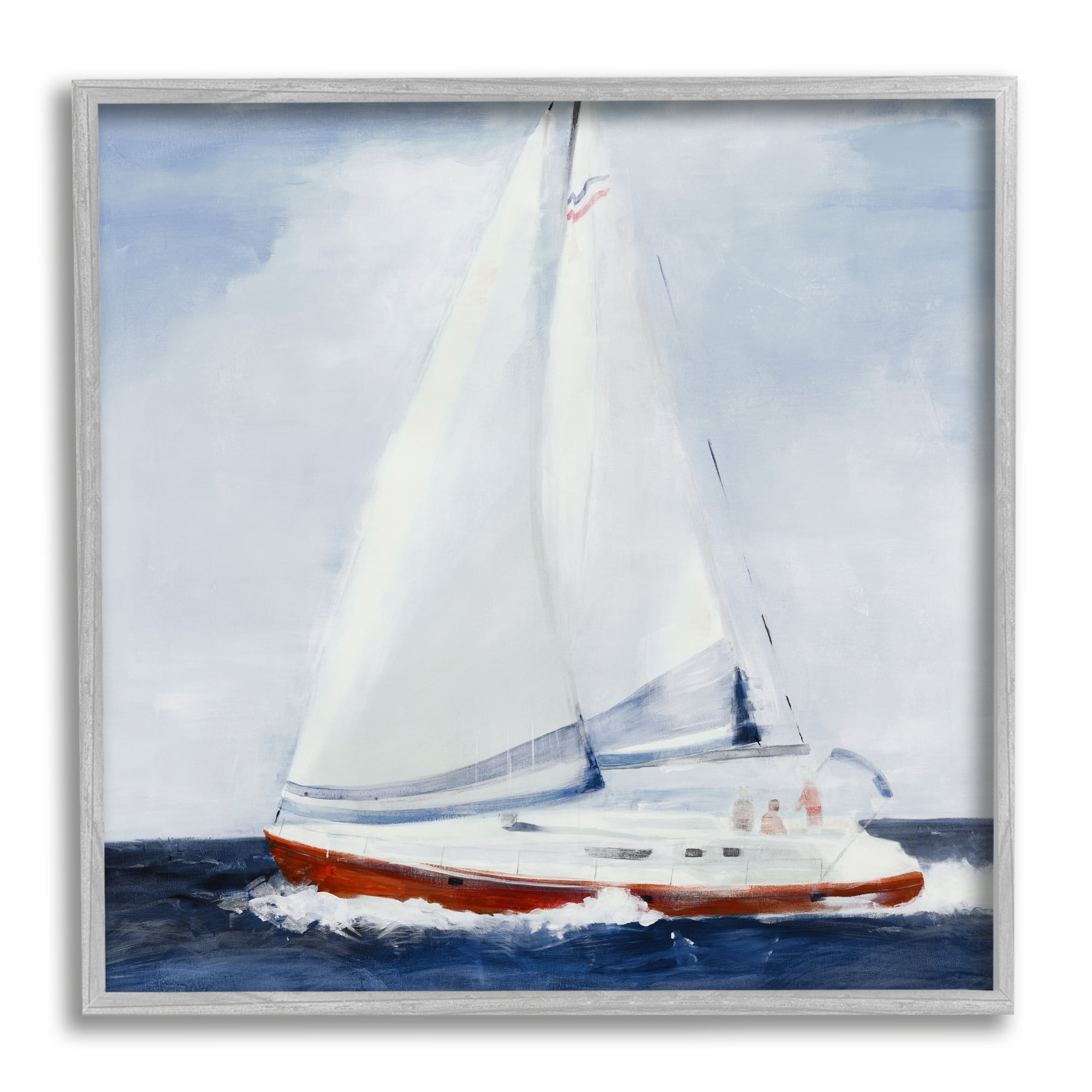 Sail Boat Against Cloudy Sky Ocean Foam Splashing Coastal Painting Framed Art Print Wall Art