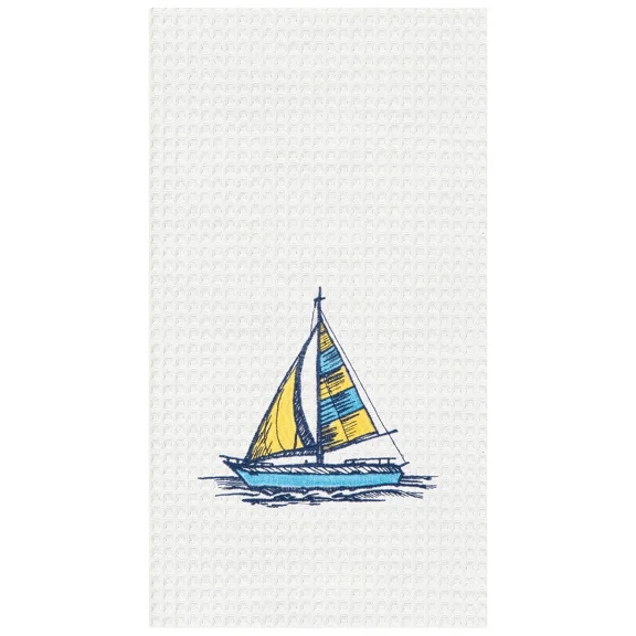 Sail Boat Embroidered Waffle Weave Cotton Kitchen Towel