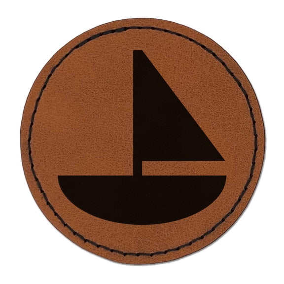Sail Boat Solid 2.5" Faux Leather Round Engraved Iron-On Patch - Brown