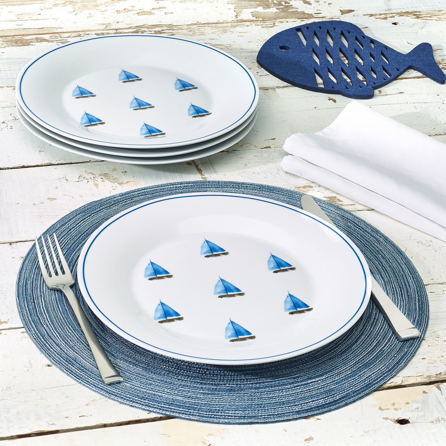 Sail Boat Watercolor Collection 10.5" Porcelain Set of 4 Dinner Plates, Walmart Exclusive - image 1 of 3