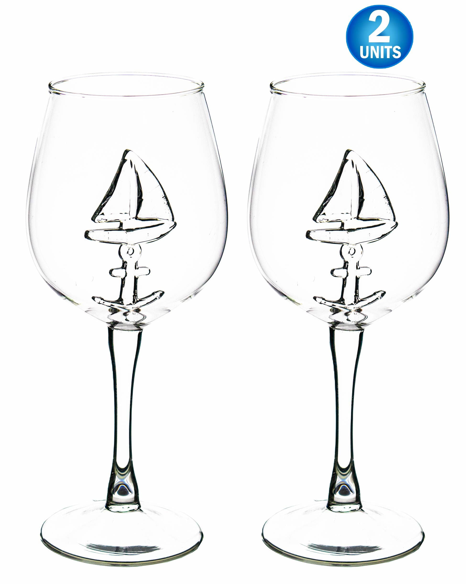Sail Boat Wine Glass with 3D Sailboat and Nautical Anchor Design 2 PC