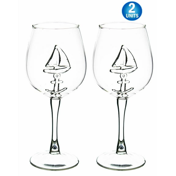 Sail Boat Wine Glass with 3D Sailboat and Nautical Anchor Design - 2 PC SET 350ml Stemmed - Unique Sea-Themed Wine Stemware for Drinking Wine, Boating, and Sailing
