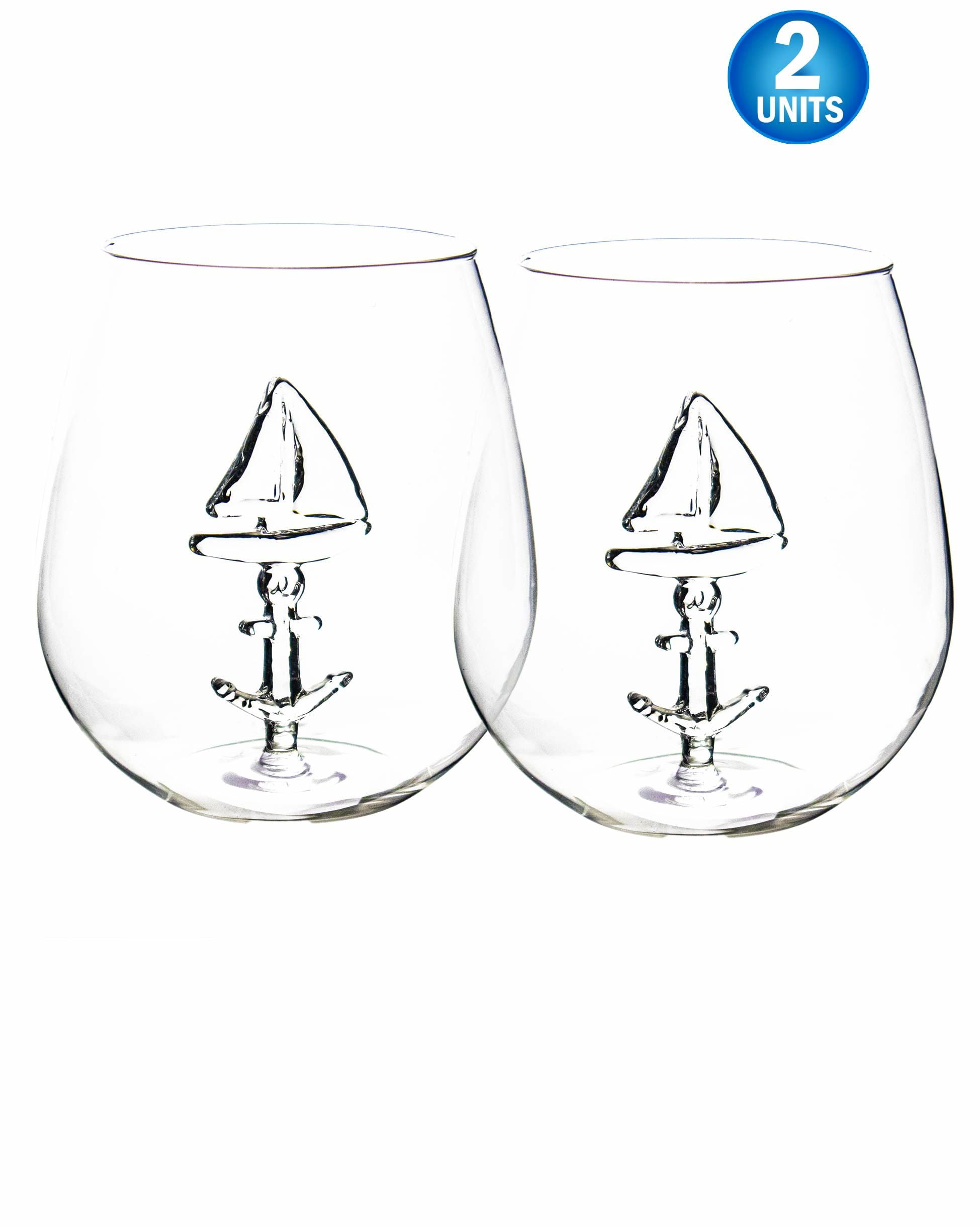 Sail Boat Wine Glass with 3D Sailboat and Nautical Anchor Design 2 PC