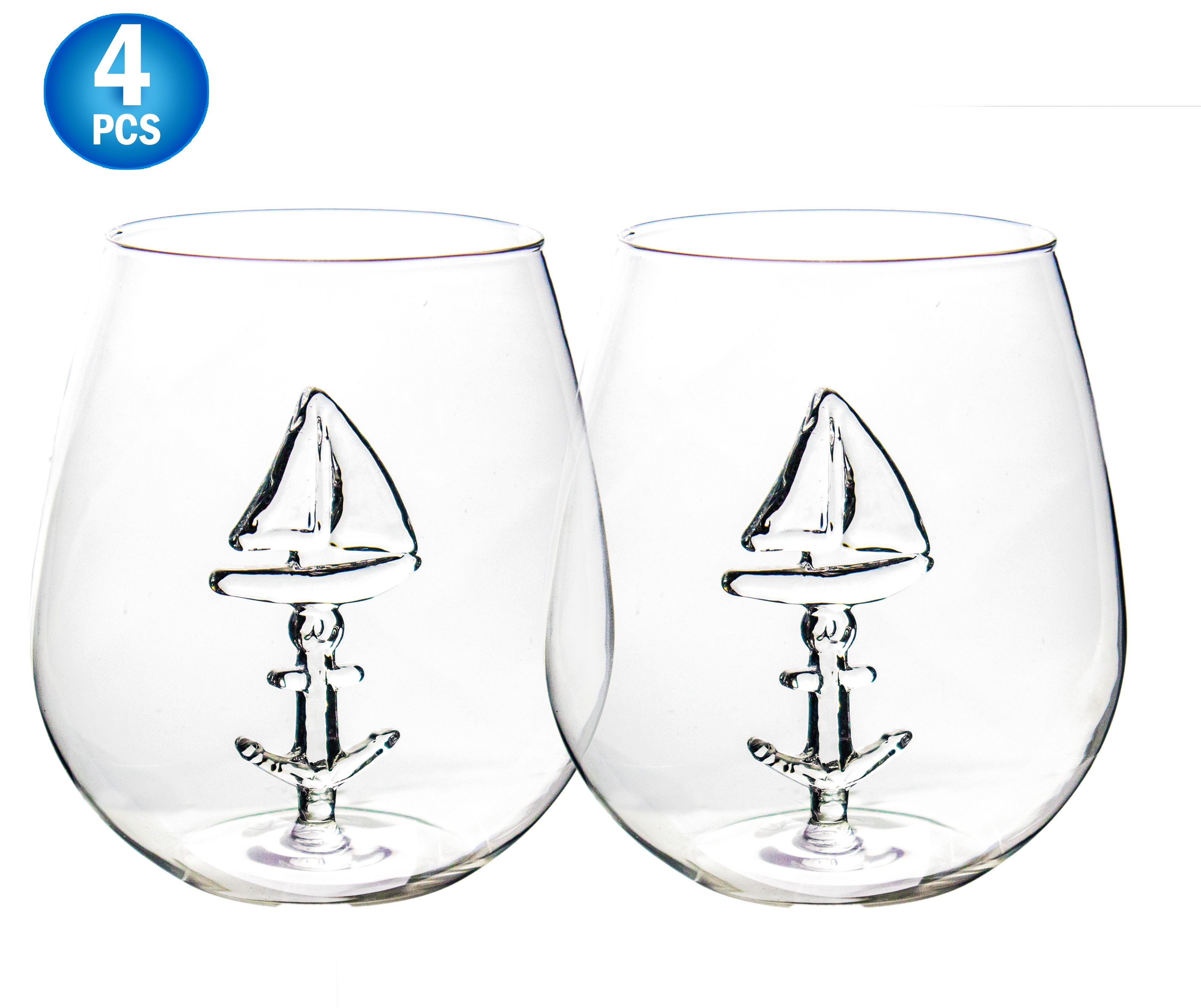 Sail Boat Wine Glass with 3D Sailboat and Nautical Anchor Design 4 PC