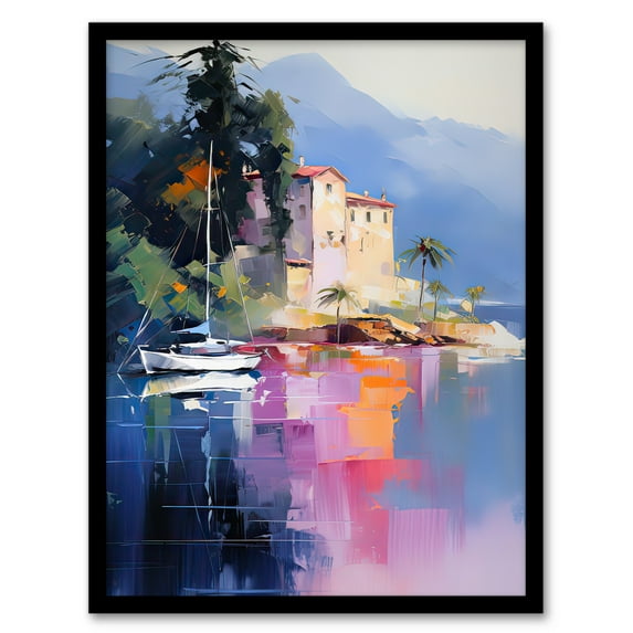 Sail Boat on Lake Como Colourful Oil Painting Scenic Italian Landscape Artwork Framed Wall Art Print A4