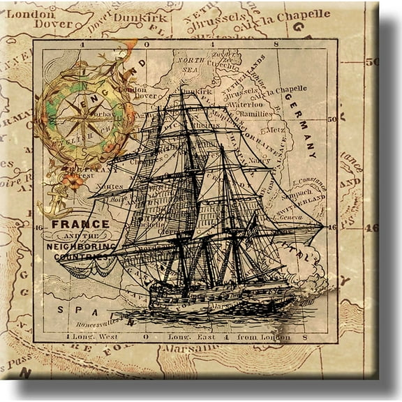 Sail Ship and Vintage Map Picture on Stretched Canvas, Wall Art Dcor, Ready to Hang