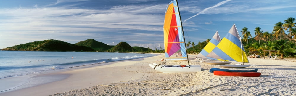 Sail boats on the beach Antigua Caribbean Islands Canvas Art - Panoramic Images (27 x 9)