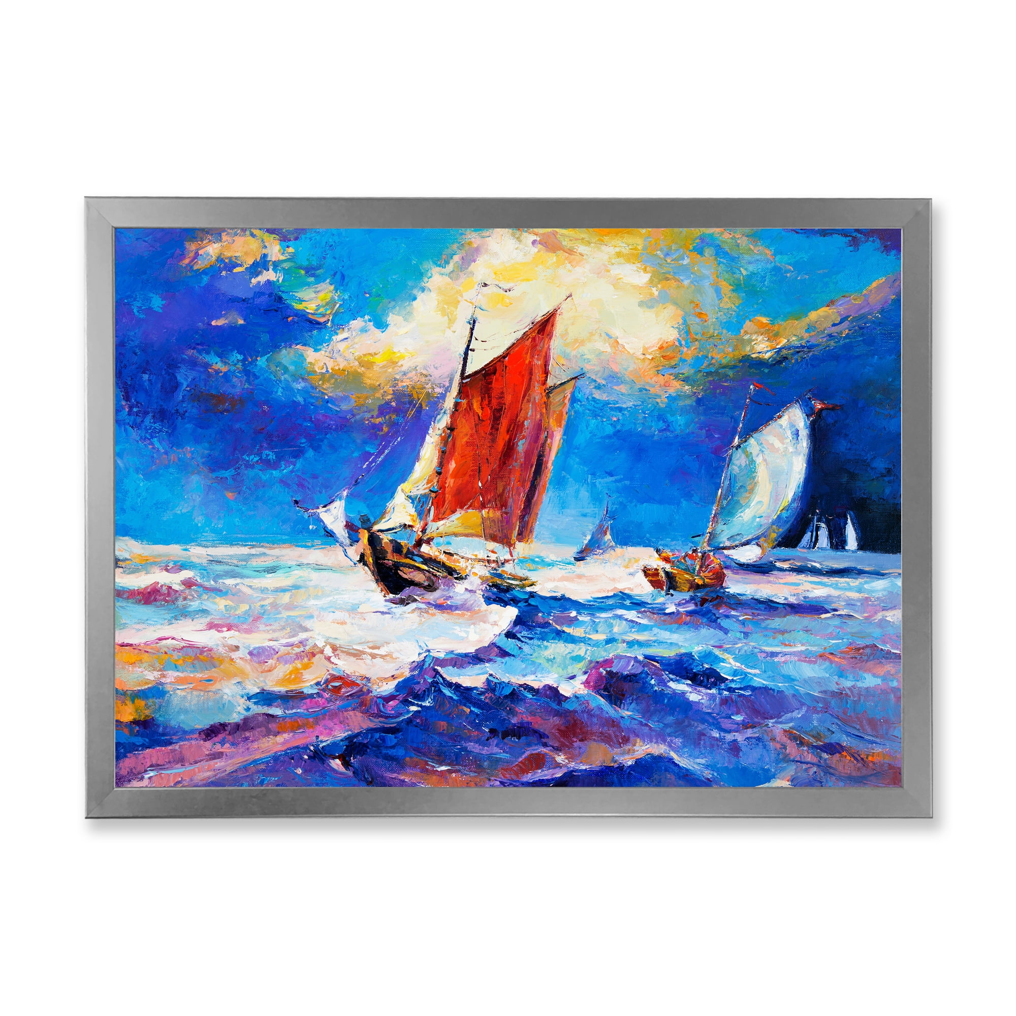 Sail ships On The Ocean Waves During Evening 20 in x 12 in Framed Painting Canvas Art Print, by Designart