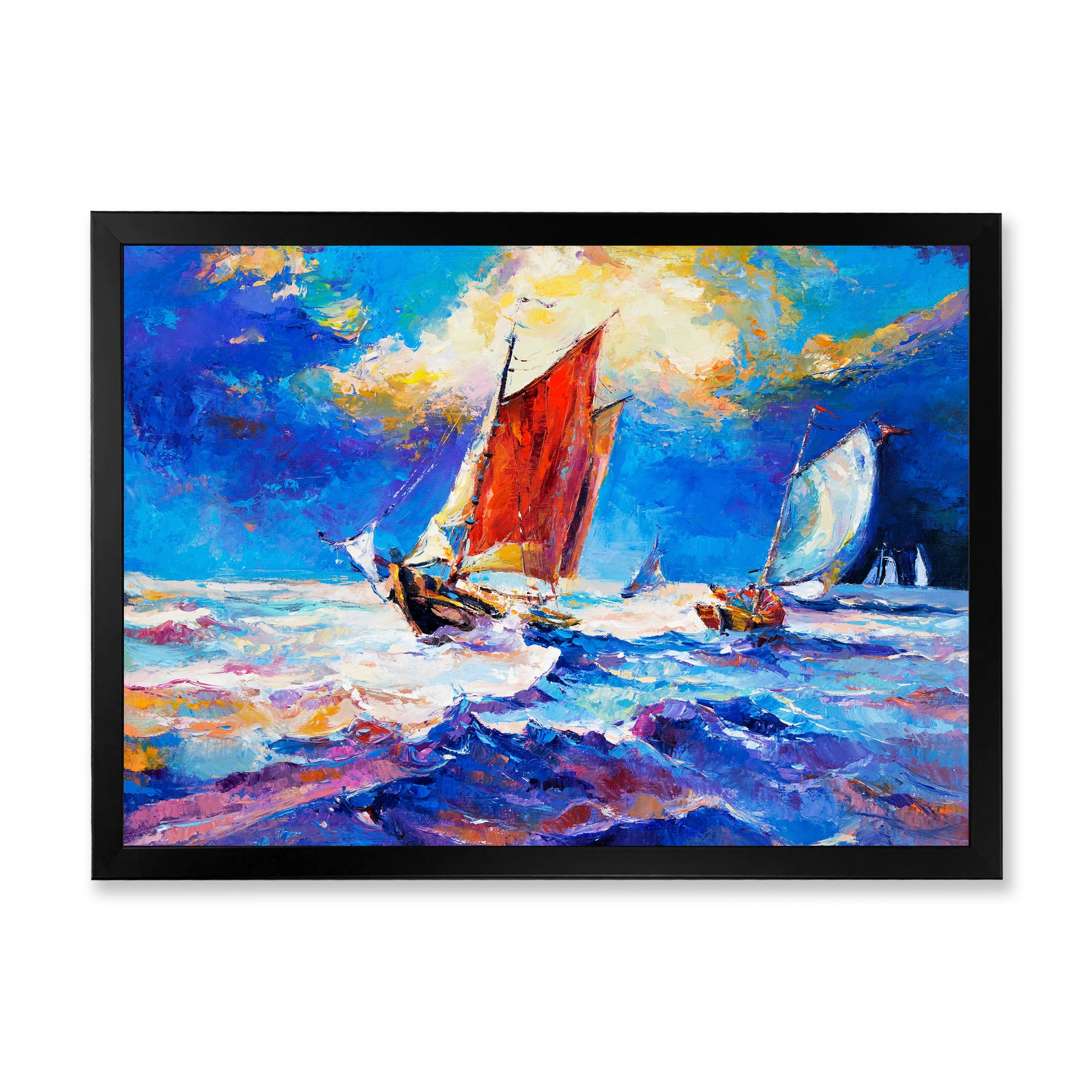 Sail ships On The Ocean Waves During Evening 20 in x 12 in Framed Painting Canvas Art Print, by Designart