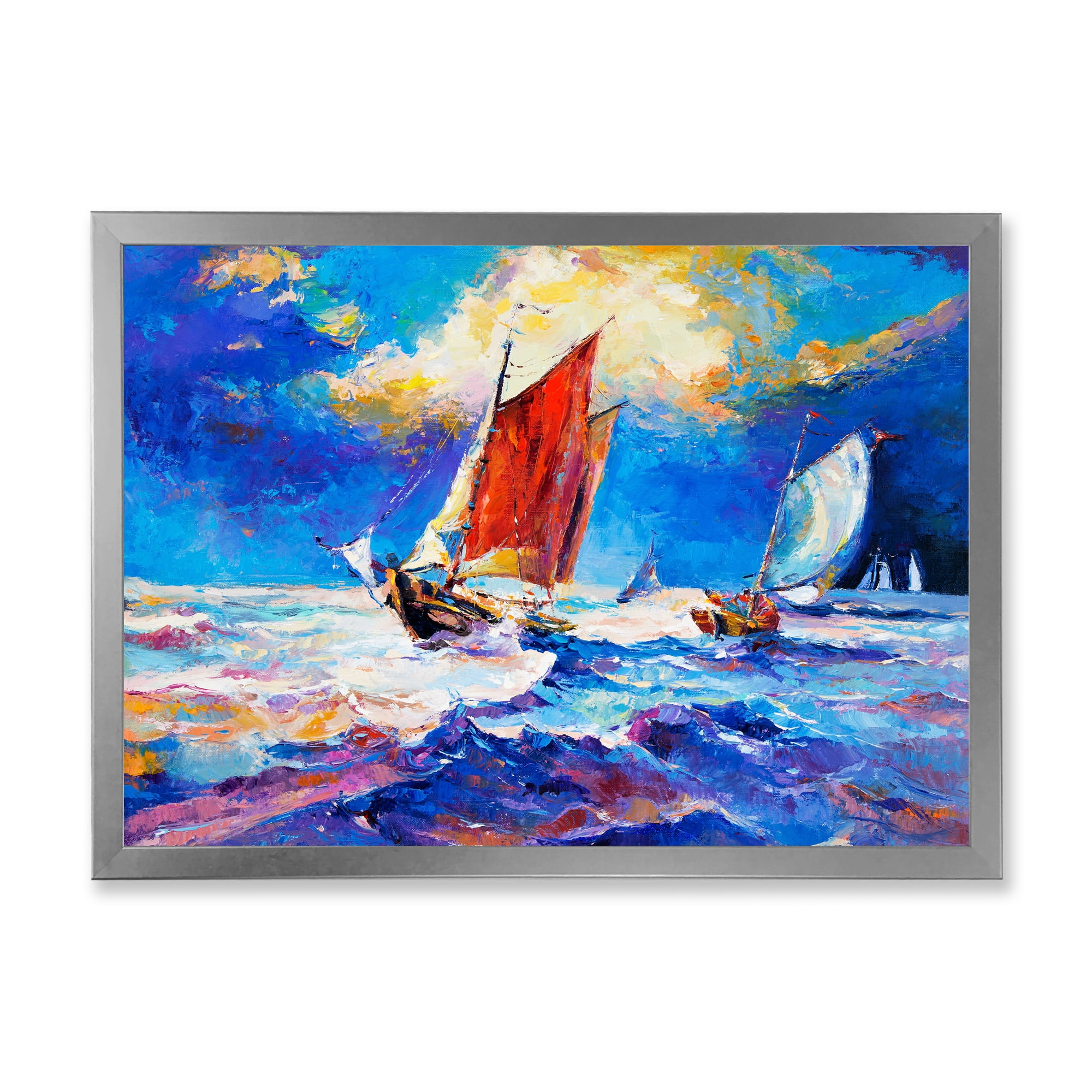 Sail ships On The Ocean Waves During Evening 32 in x 16 in Framed Painting Canvas Art Print, by Designart