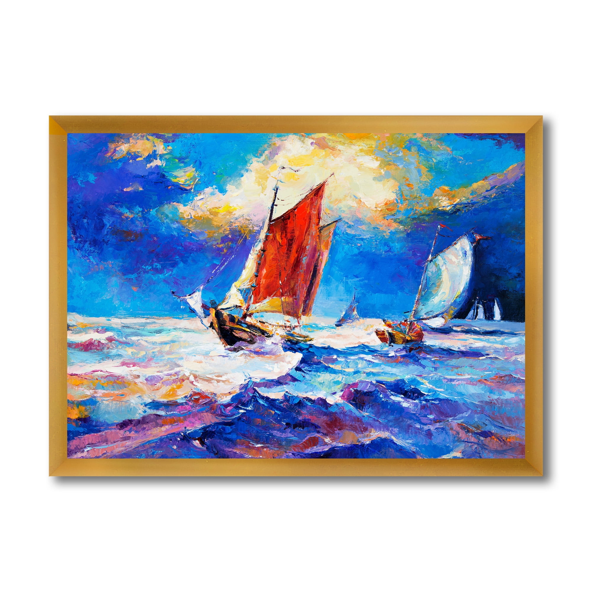 Sail ships On The Ocean Waves During Evening 32 in x 24 in Framed Painting Canvas Art Print, by Designart