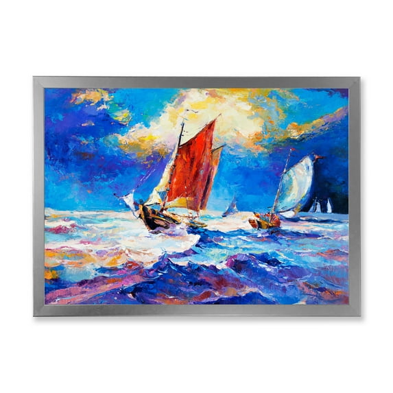 Sail ships On The Ocean Waves During Evening 40 in x 30 in Framed Painting Canvas Art Print, by Designart