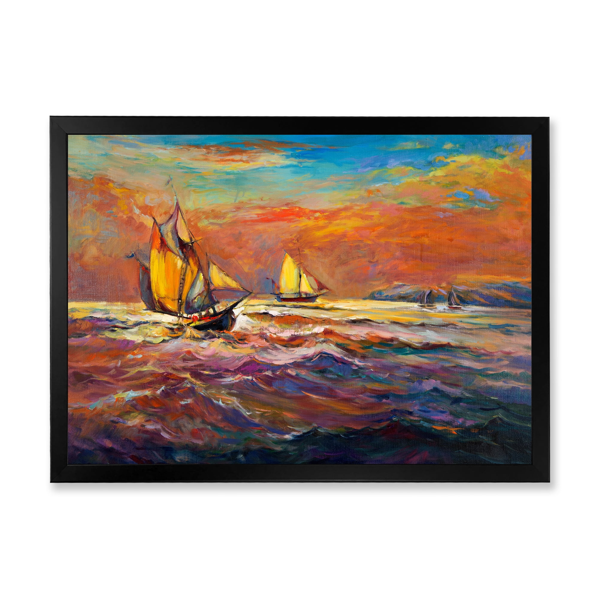 Sail ships On The Ocean Waves During Orange Evening Glow 20 in x 12 in Framed Painting Canvas Art Print, by Designart