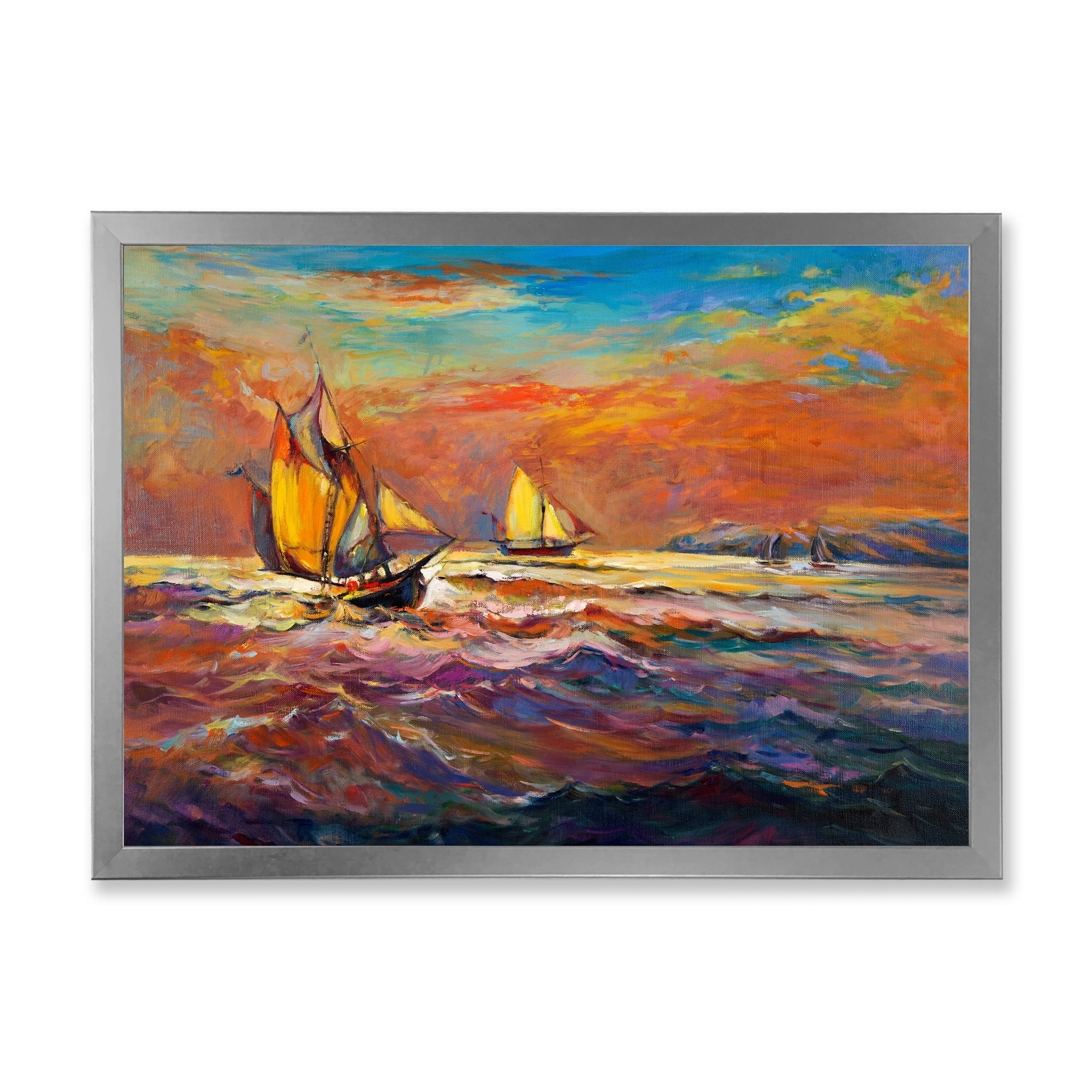 Sail ships On The Ocean Waves During Orange Evening Glow 32 in x 16 in Framed Painting Canvas Art Print, by Designart