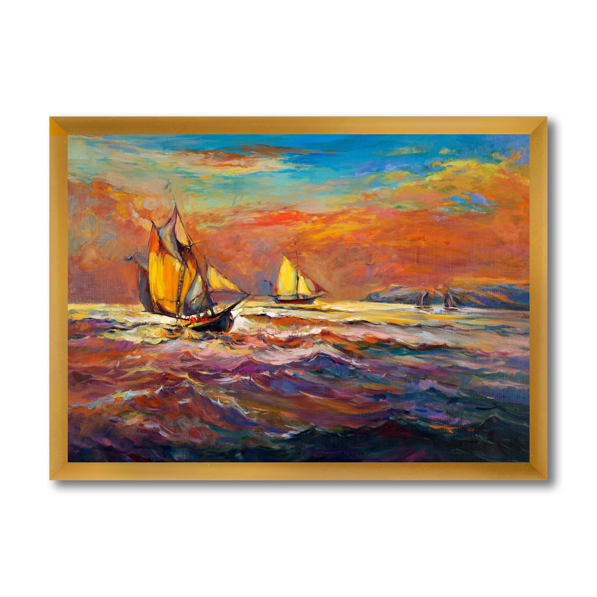 Sail ships On The Ocean Waves During Orange Evening Glow 32 in x 24 in Framed Painting Canvas Art Print, by Designart
