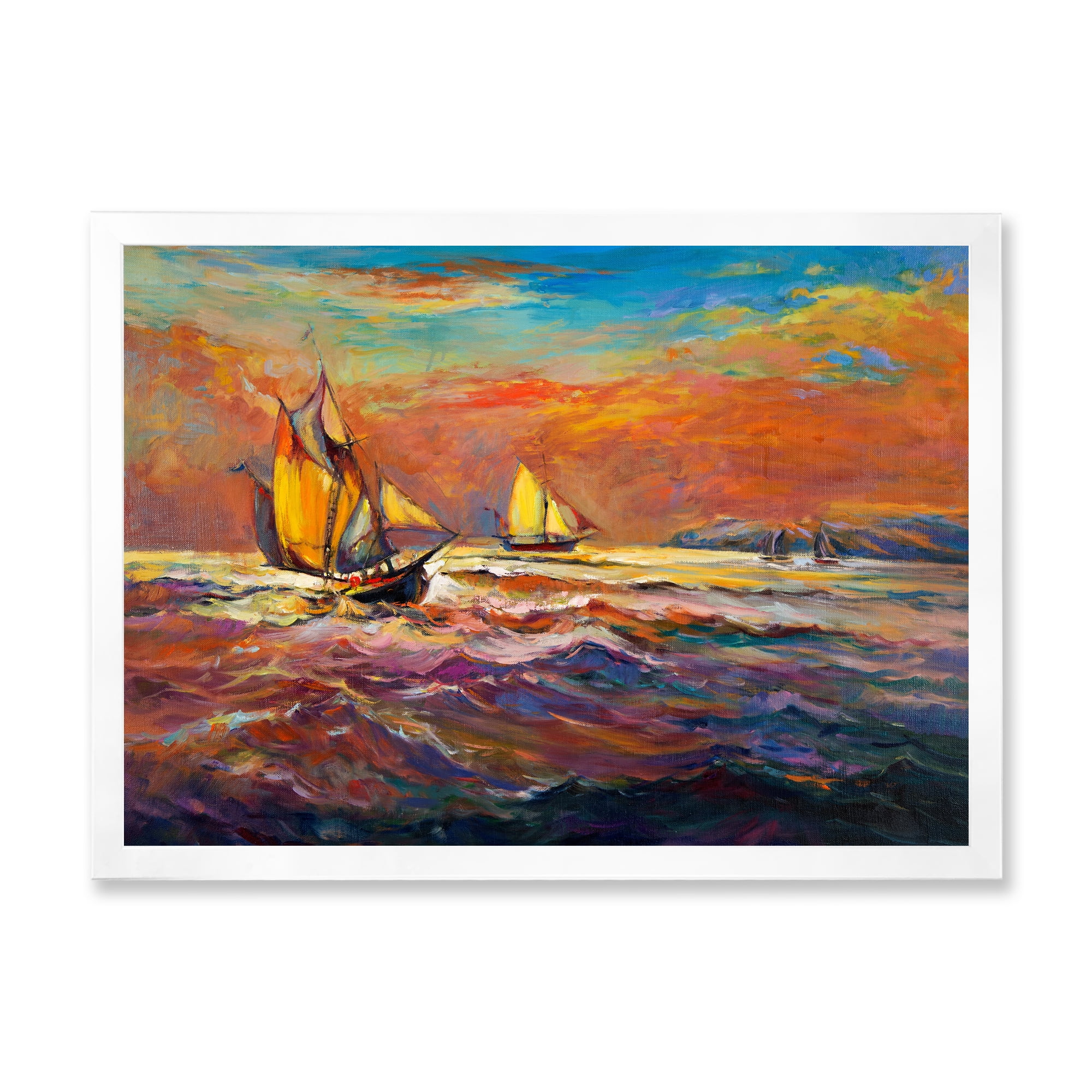 Sail ships On The Ocean Waves During Orange Evening Glow 40 in x 30 in Framed Painting Canvas Art Print, by Designart
