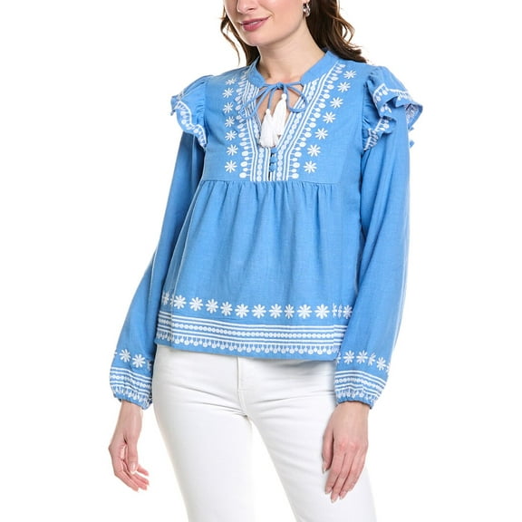 Sail to Sable womens Balloon Sleeve Linen-Blend Blouse, XL, Blue