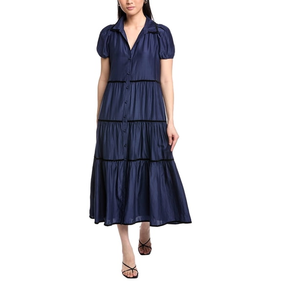 Sail to Sable womens Button Front Silk-Blend Maxi Shirt Dress, xs, Navy