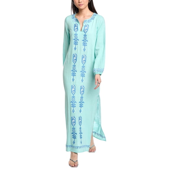 Sail to Sable womens Embroidered Linen-Blend Caftan, m, Green