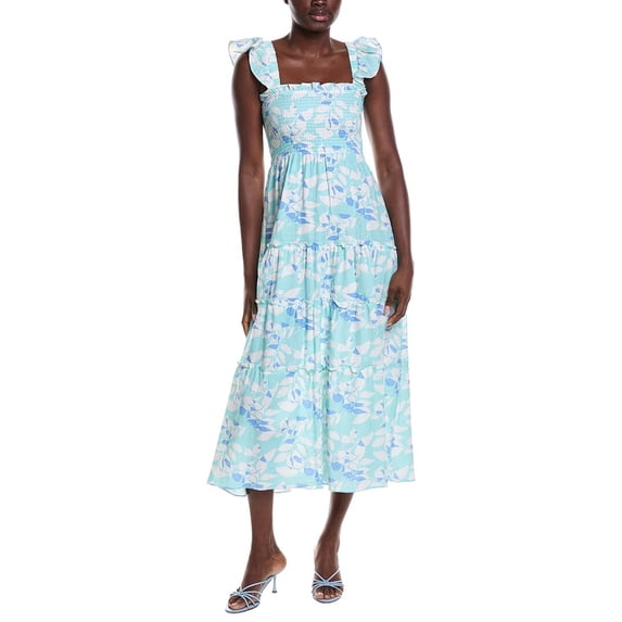 Sail to Sable womens Flutter Strap Smocked Linen-Blend Midi Dress, m, Blue