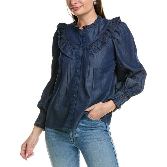 Sail to Sable womens  Ruffle Bib Blouse, S, Blue